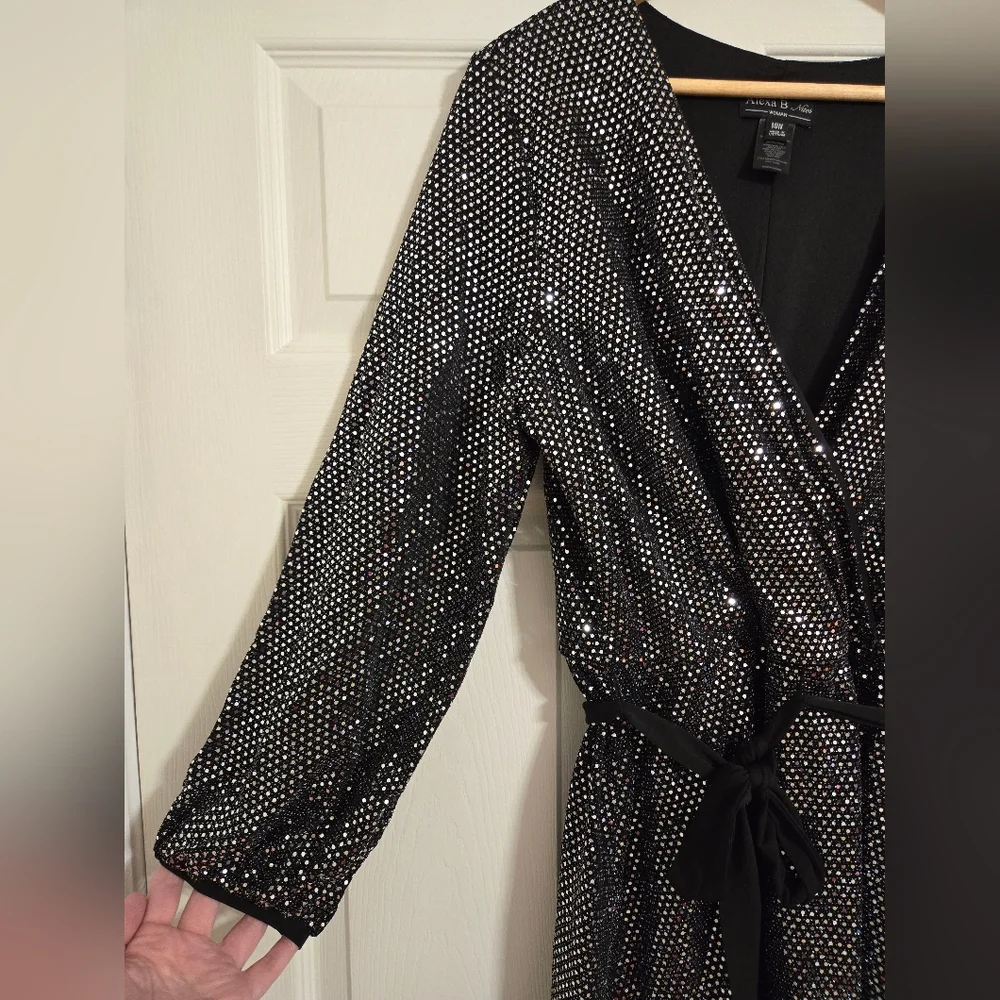 Alexa B Nites Faux Wrap Dress Black Sequin disco ball  size 14W NWT - Picture 3 of 11